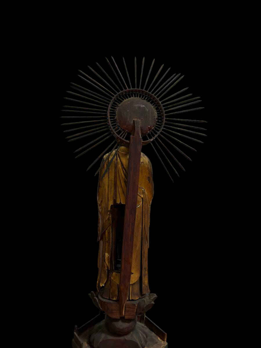 Early Edo Standing Amida Nyorai (Pure Land Buddha) — Gyokugan Crystal Eyes, Radiant Halo, Monumental Tiered Lotus Base — Reported Kan'ei 14 (1637) — With Calligraphy Scroll — Japanese Buddhist Sculpture