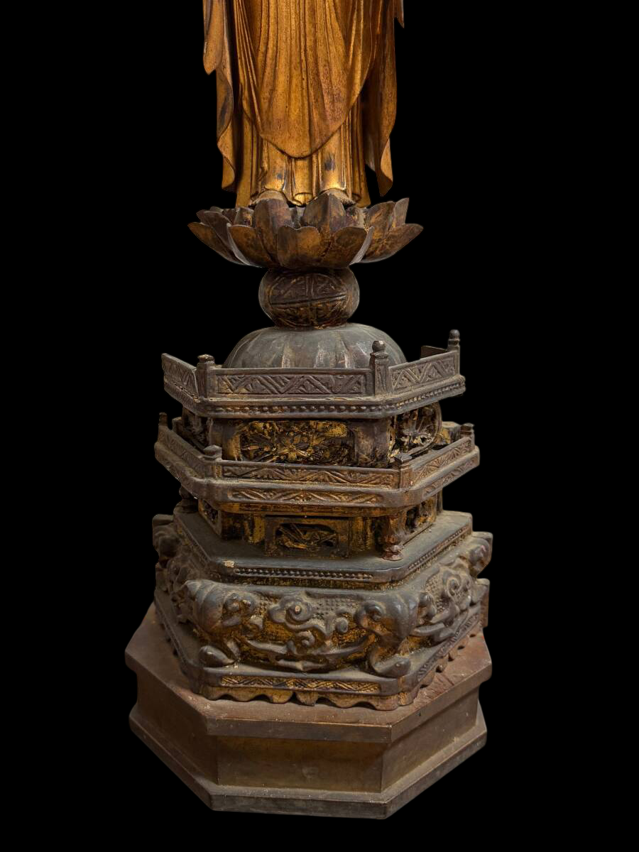 Early Edo Standing Amida Nyorai (Pure Land Buddha) — Gyokugan Crystal Eyes, Radiant Halo, Monumental Tiered Lotus Base — Reported Kan'ei 14 (1637) — With Calligraphy Scroll — Japanese Buddhist Sculpture
