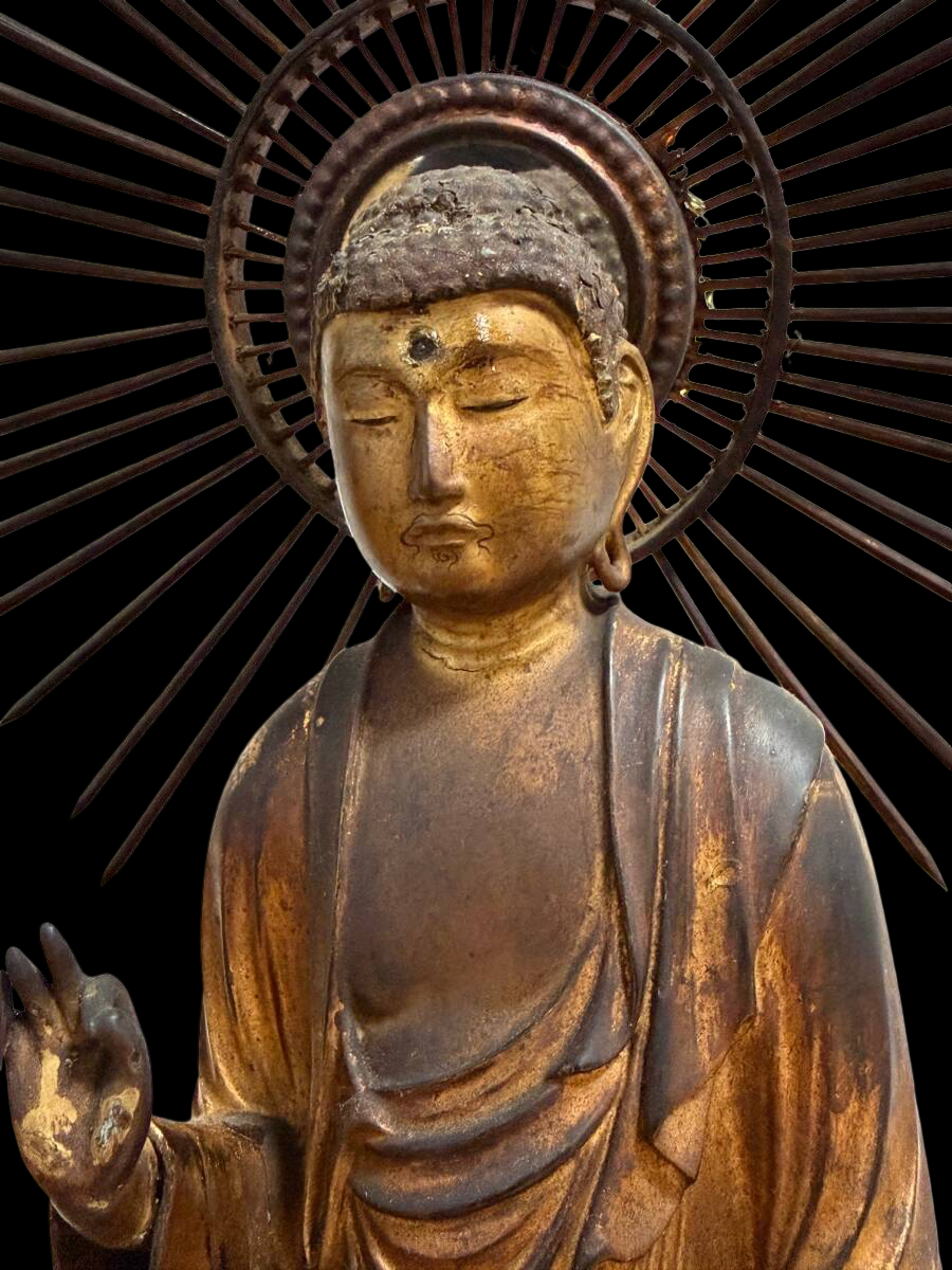 Early Edo Standing Amida Nyorai (Pure Land Buddha) — Gyokugan Crystal Eyes, Radiant Halo, Monumental Tiered Lotus Base — Reported Kan'ei 14 (1637) — With Calligraphy Scroll — Japanese Buddhist Sculpture