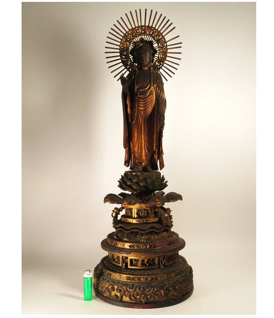 Early Edo Standing Amida Nyorai with Rock-Crystal Gyokugan Eyes — Temple-Release Giltwood Buddhist Sculpture, Museum-Grade Presence