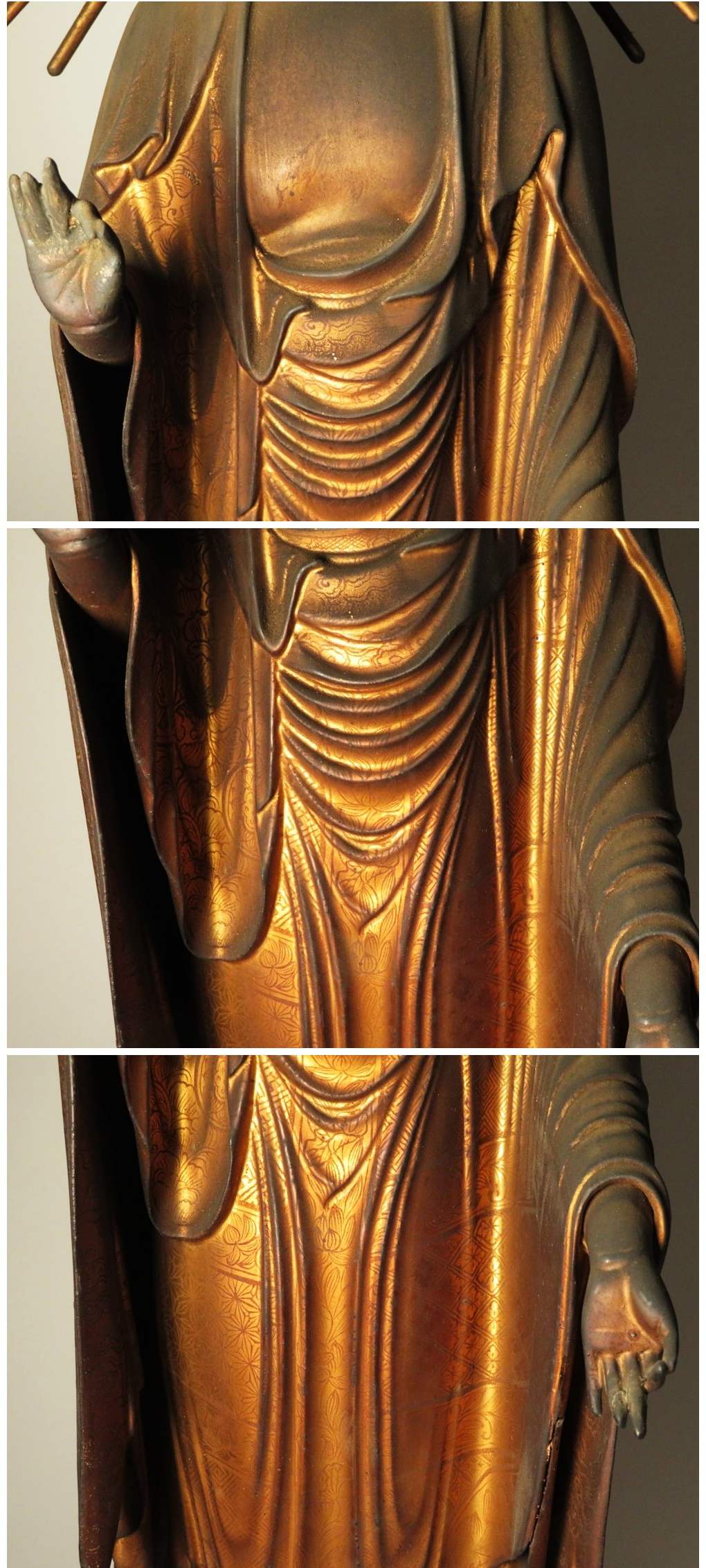 Early Edo Standing Amida Nyorai with Rock-Crystal Gyokugan Eyes — Temple-Release Giltwood Buddhist Sculpture, Museum-Grade Presence
