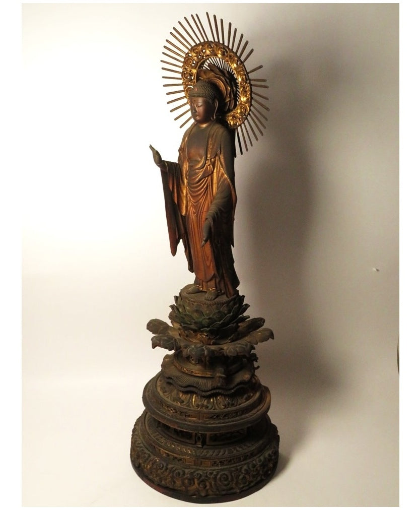 Early Edo Standing Amida Nyorai with Rock-Crystal Gyokugan Eyes — Temple-Release Giltwood Buddhist Sculpture, Museum-Grade Presence