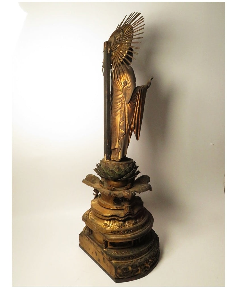 Early Edo Standing Amida Nyorai with Rock-Crystal Gyokugan Eyes — Temple-Release Giltwood Buddhist Sculpture, Museum-Grade Presence