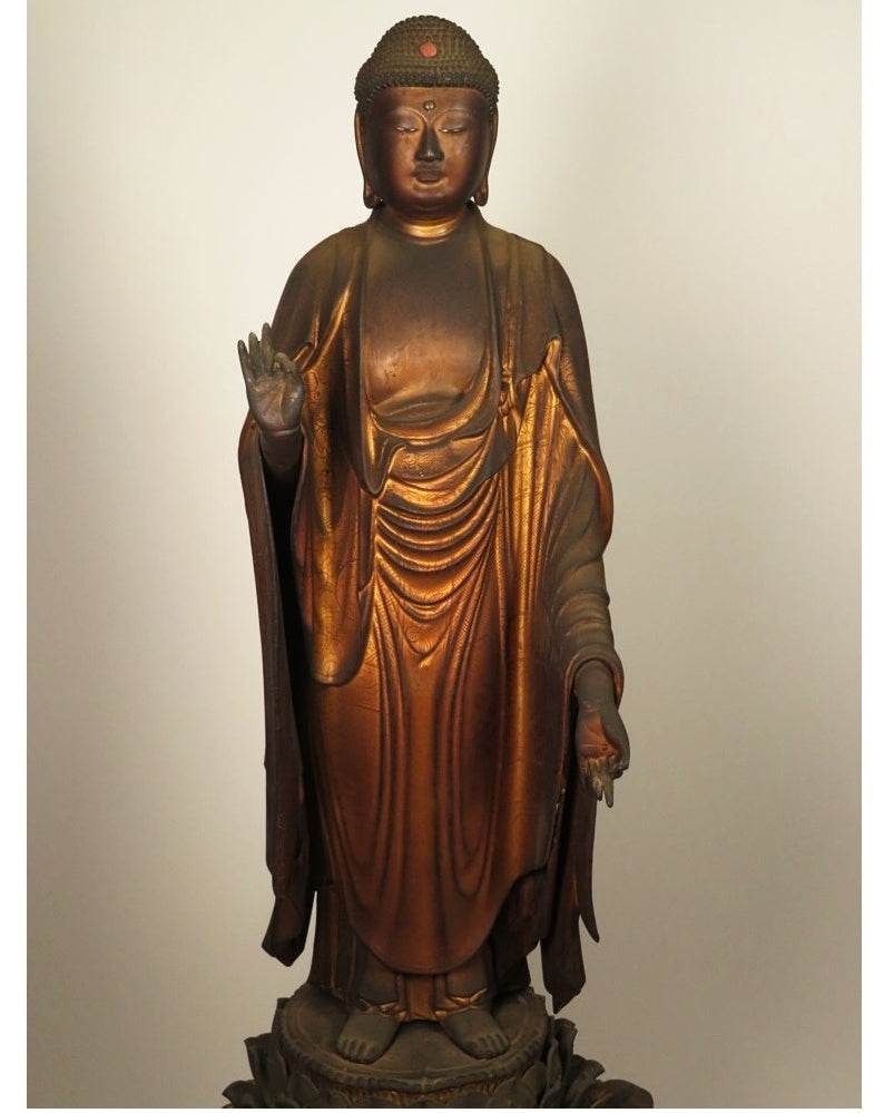 Early Edo Standing Amida Nyorai with Rock-Crystal Gyokugan Eyes — Temple-Release Giltwood Buddhist Sculpture, Museum-Grade Presence