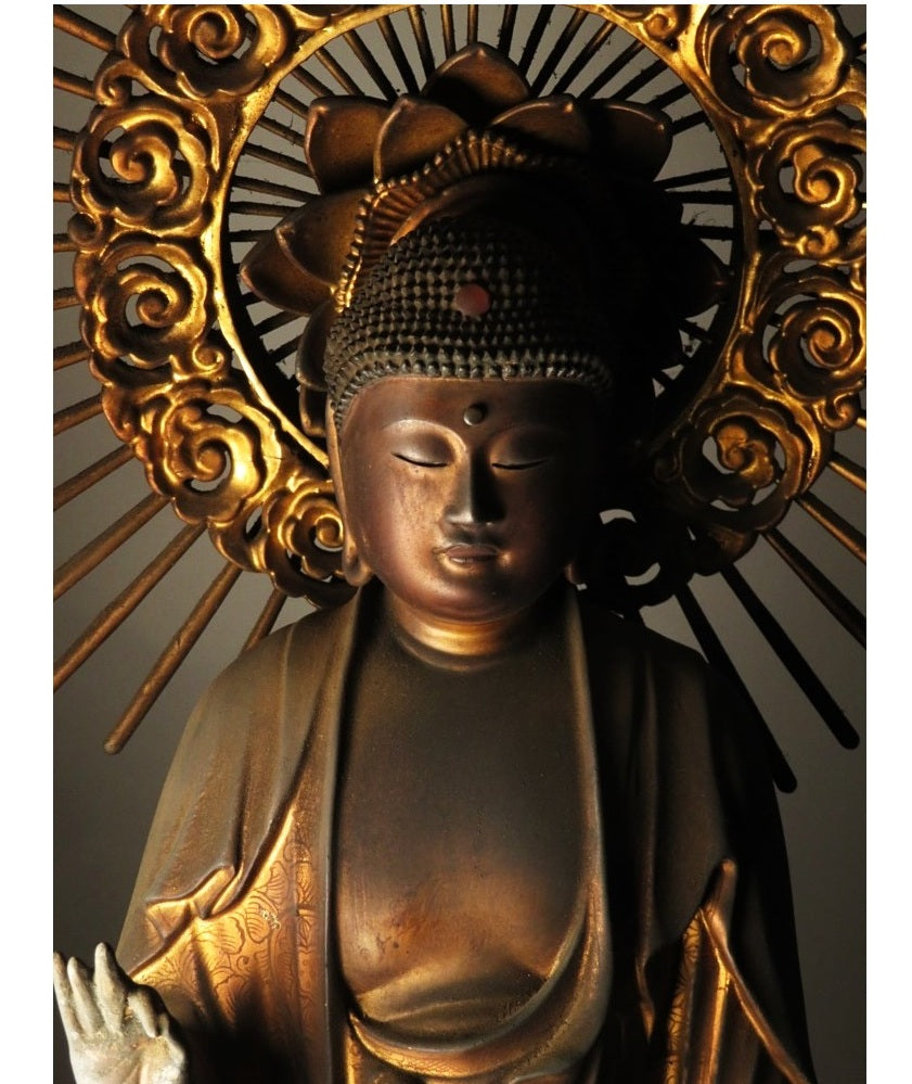 Early Edo Standing Amida Nyorai with Rock-Crystal Gyokugan Eyes — Temple-Release Giltwood Buddhist Sculpture, Museum-Grade Presence