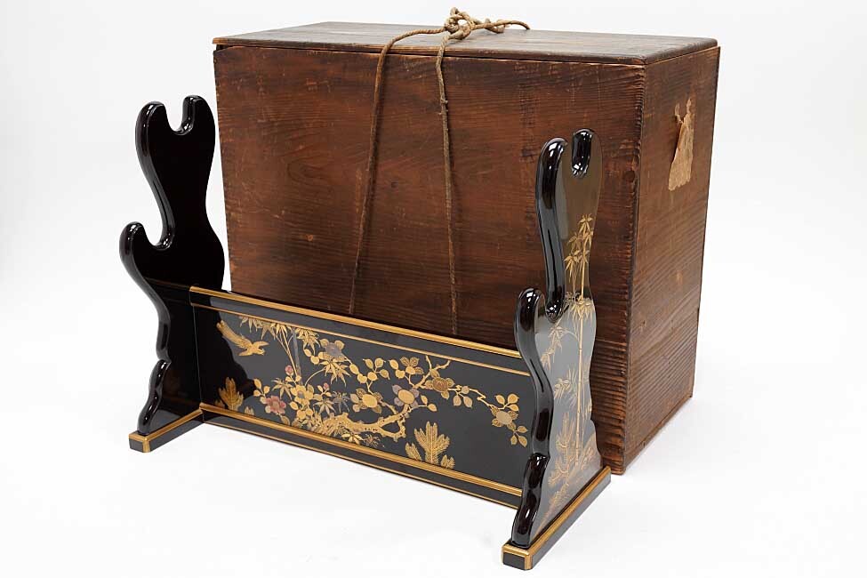 Edo-Period Black Lacquer Katana-Kake with Gold Maki-e, Samurai Sword Stand with Original Storage Box