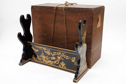 Edo-Period Black Lacquer Katana-Kake with Gold Maki-e, Samurai Sword Stand with Original Storage Box