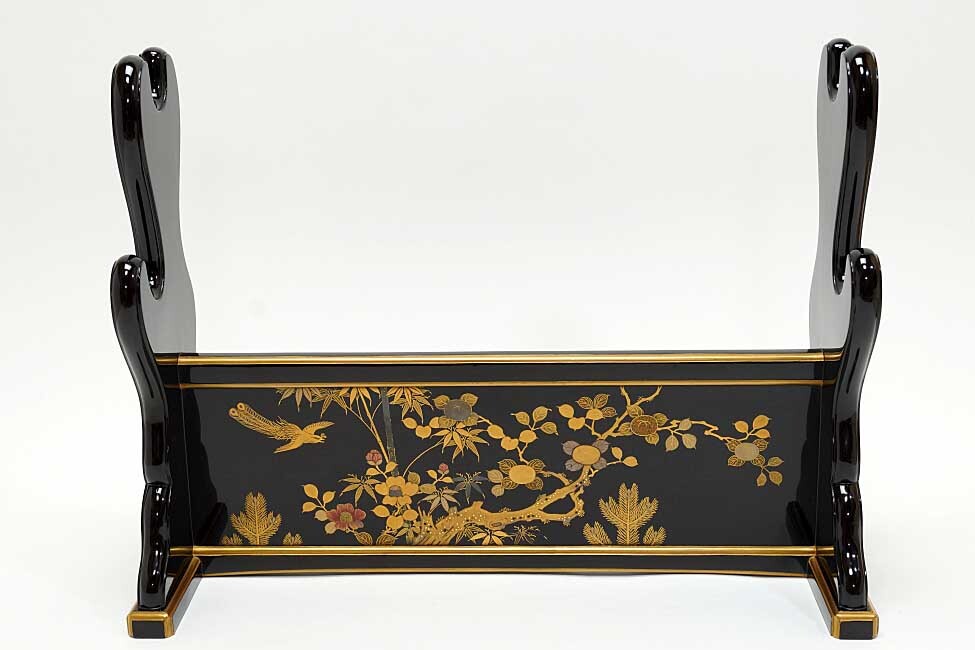 Edo-Period Black Lacquer Katana-Kake with Gold Maki-e, Samurai Sword Stand with Original Storage Box
