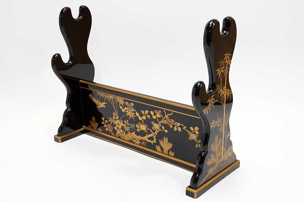 Edo-Period Black Lacquer Katana-Kake with Gold Maki-e, Samurai Sword Stand with Original Storage Box