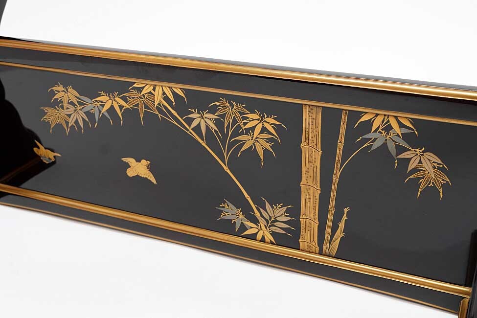 Edo-Period Black Lacquer Katana-Kake with Gold Maki-e, Samurai Sword Stand with Original Storage Box