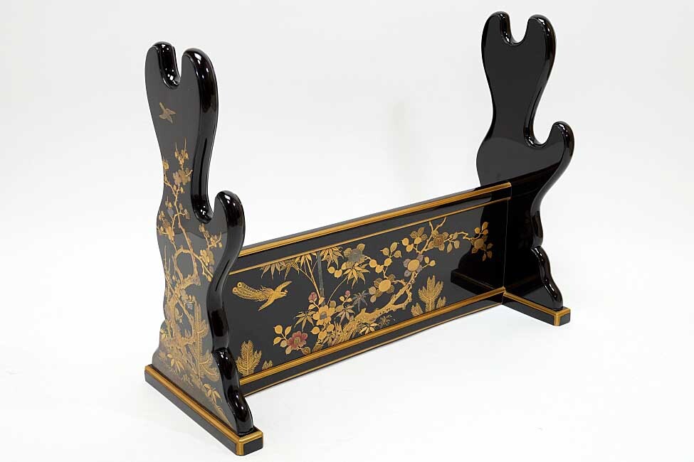 Edo-Period Black Lacquer Katana-Kake with Gold Maki-e, Samurai Sword Stand with Original Storage Box