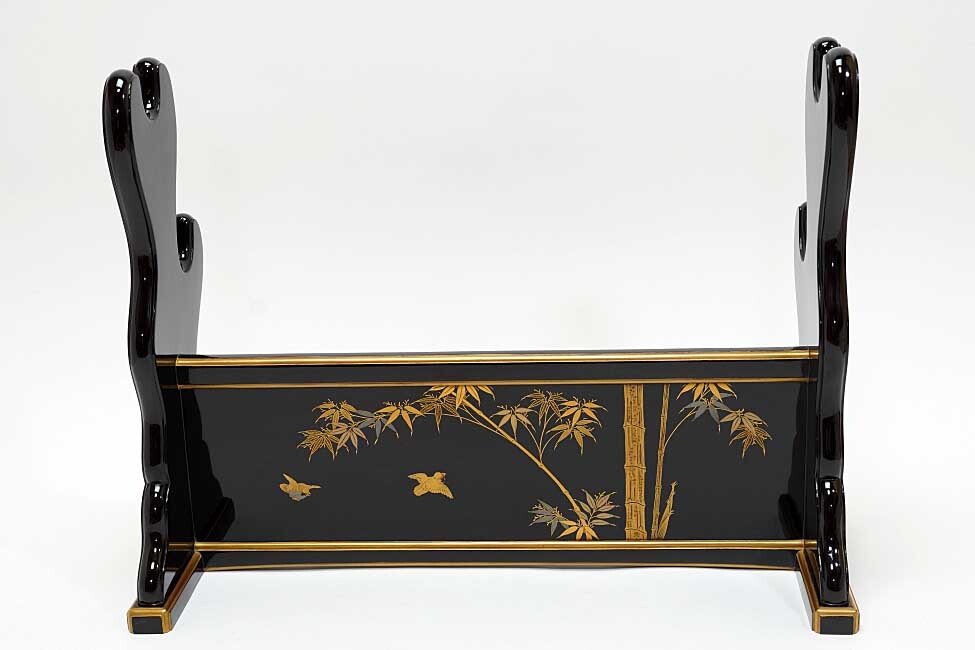 Edo-Period Black Lacquer Katana-Kake with Gold Maki-e, Samurai Sword Stand with Original Storage Box