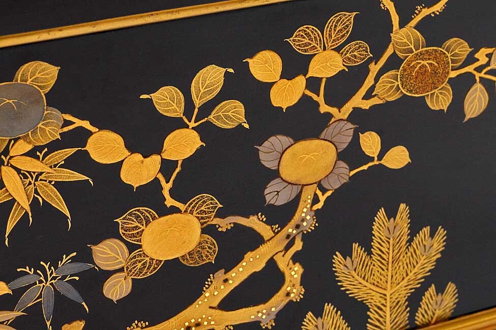 Edo-Period Black Lacquer Katana-Kake with Gold Maki-e, Samurai Sword Stand with Original Storage Box