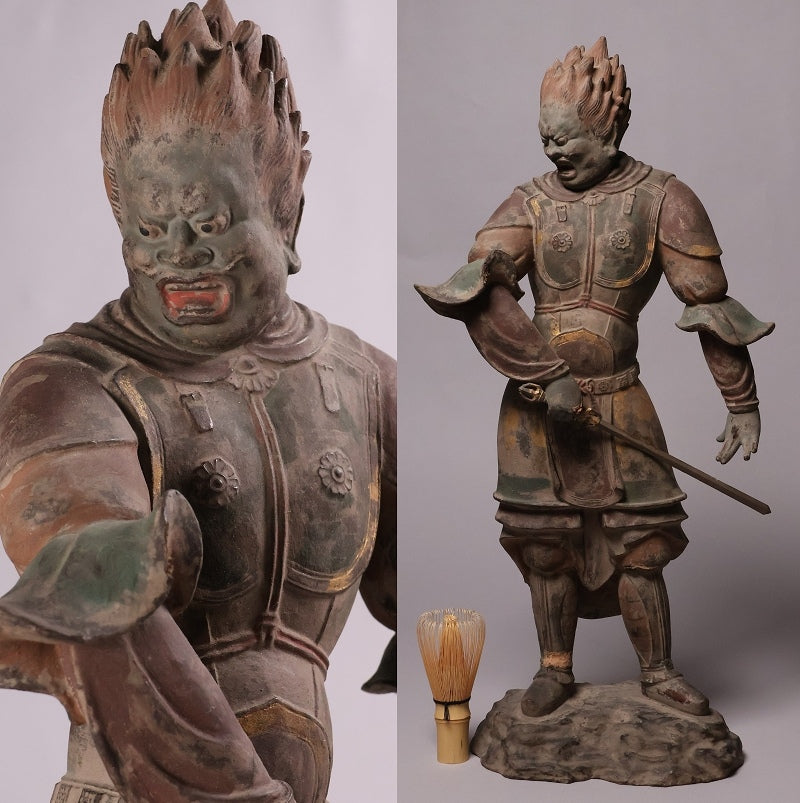 Monumental Twelve Heavenly Generals Guardian (Juni Shinsho) —  Gobara Taisho Type — 53 cm Polychrome Temple Figure, Gilt Traces, Fierce Armor Iconography
