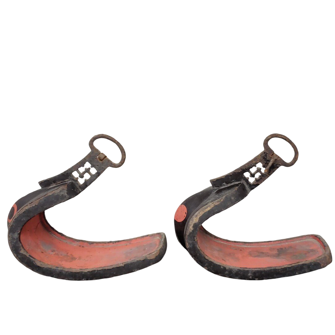Edo Period Samurai Abumi Stirrup Pair | Forged Iron Horse Stirrups with Red Lacquer | Japanese Armor Equestrian Gear