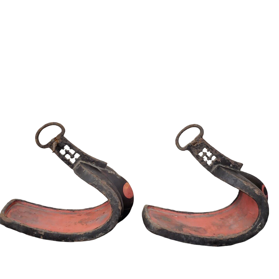 Edo Period Samurai Abumi Stirrup Pair | Forged Iron Horse Stirrups with Red Lacquer | Japanese Armor Equestrian Gear