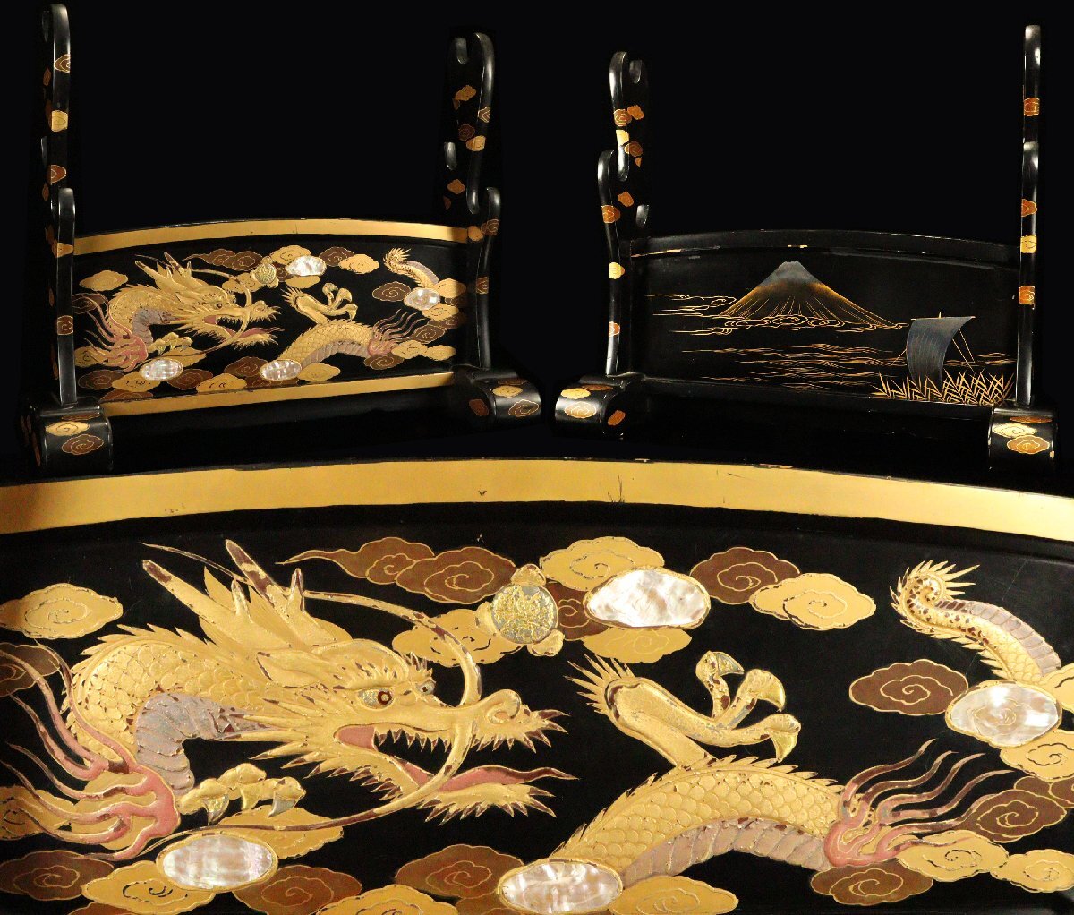 Edo-Period Style Japanese Lacquer Sword Stand, Maki-e Dragon & Mount Fuji, Shell Inlay Raden , Katana Rack Display (49cm)