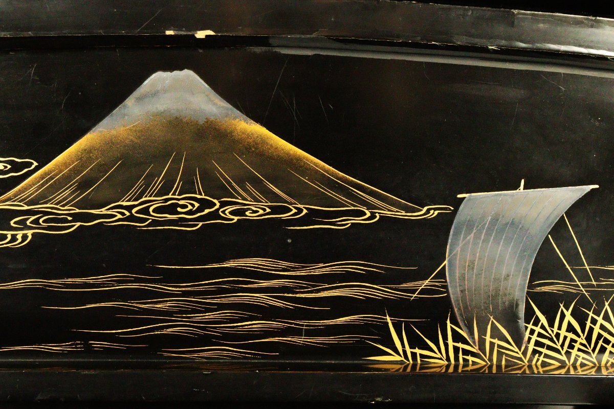 Edo-Period Style Japanese Lacquer Sword Stand, Maki-e Dragon & Mount Fuji, Shell Inlay Raden , Katana Rack Display (49cm)