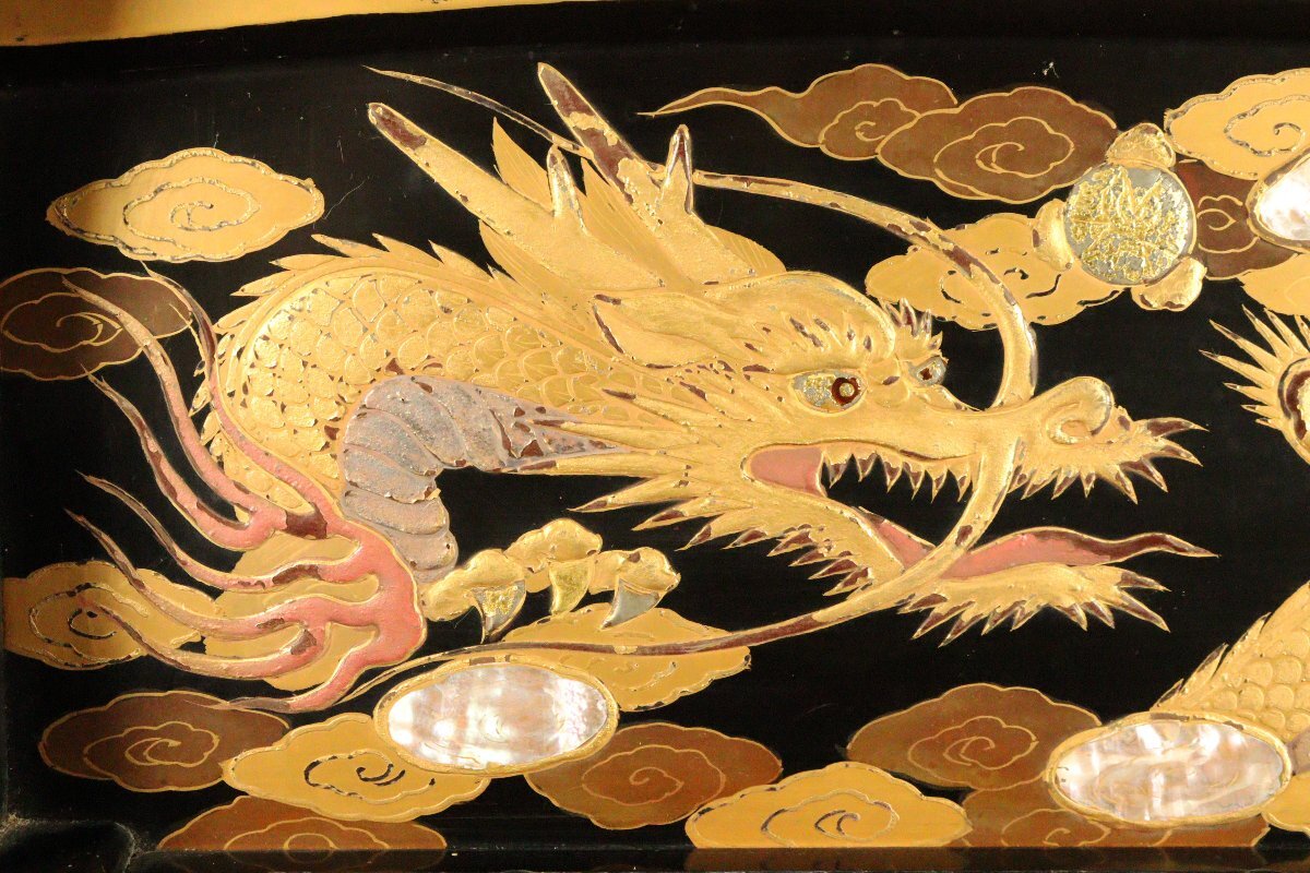 Edo-Period Style Japanese Lacquer Sword Stand, Maki-e Dragon & Mount Fuji, Shell Inlay Raden , Katana Rack Display (49cm)