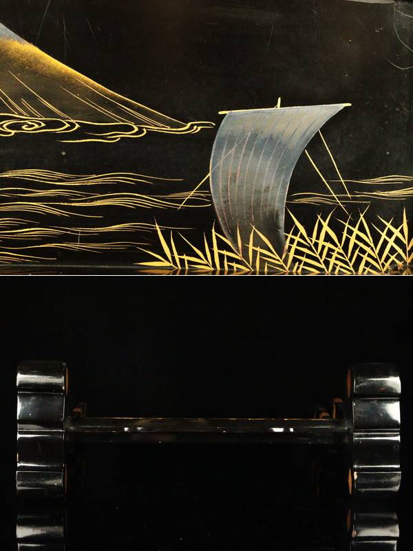 Edo-Period Style Japanese Lacquer Sword Stand, Maki-e Dragon & Mount Fuji, Shell Inlay Raden , Katana Rack Display (49cm)