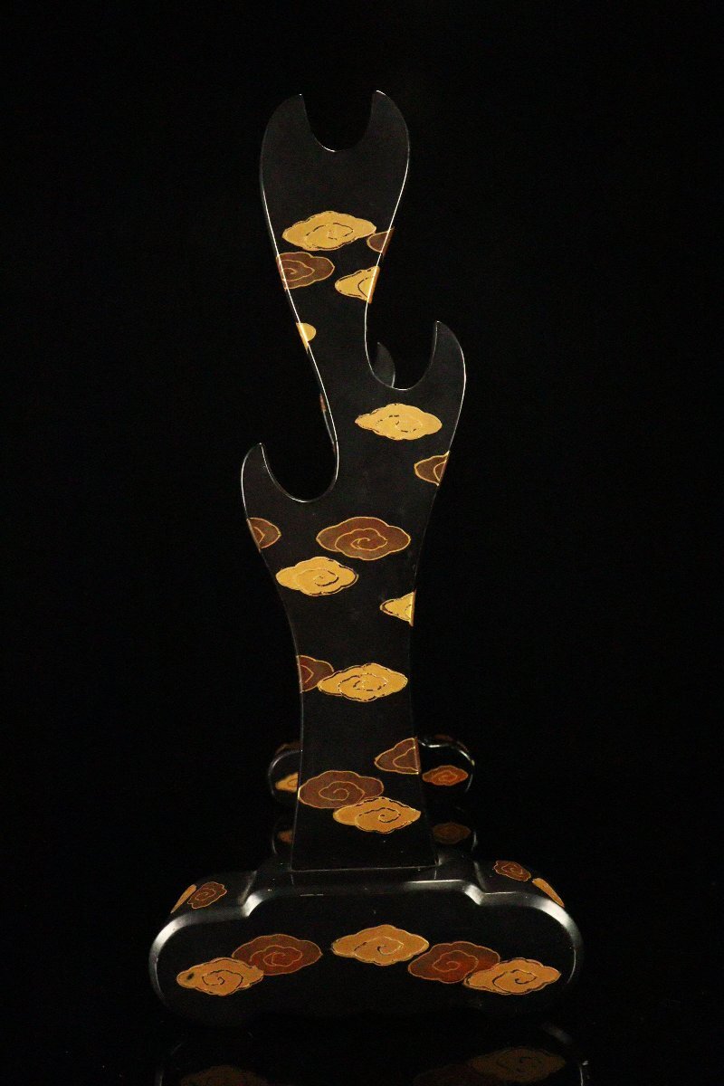 Edo-Period Style Japanese Lacquer Sword Stand, Maki-e Dragon & Mount Fuji, Shell Inlay Raden , Katana Rack Display (49cm)