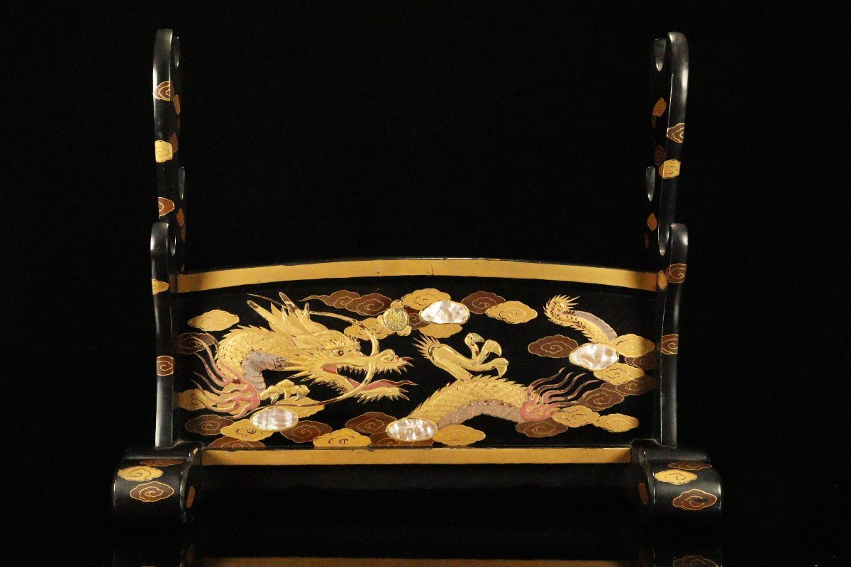 Edo-Period Style Japanese Lacquer Sword Stand, Maki-e Dragon & Mount Fuji, Shell Inlay Raden , Katana Rack Display (49cm)