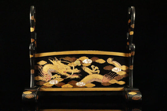 Edo-Period Style Japanese Lacquer Sword Stand, Maki-e Dragon & Mount Fuji, Shell Inlay Raden , Katana Rack Display (49cm)