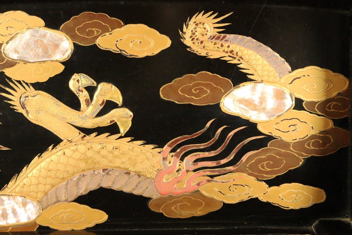 Edo-Period Style Japanese Lacquer Sword Stand, Maki-e Dragon & Mount Fuji, Shell Inlay Raden , Katana Rack Display (49cm)