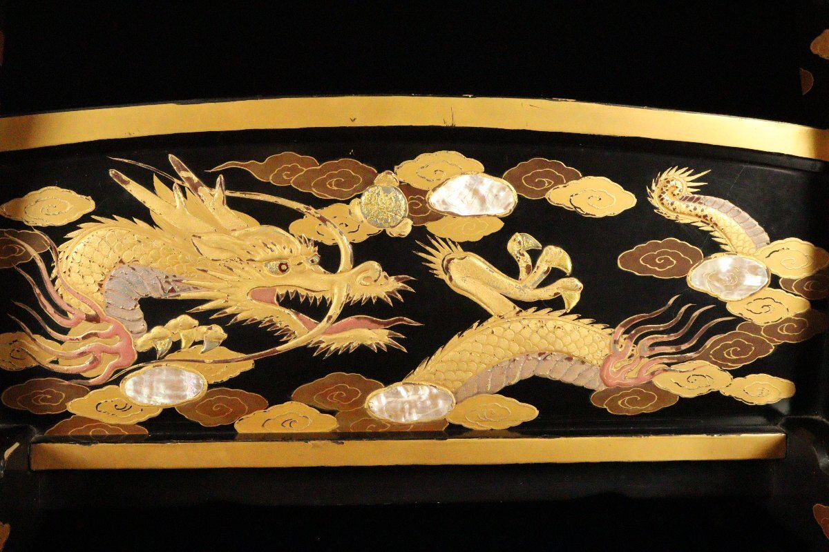 Edo-Period Style Japanese Lacquer Sword Stand, Maki-e Dragon & Mount Fuji, Shell Inlay Raden , Katana Rack Display (49cm)