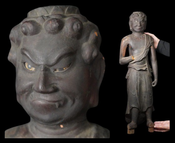 Edo-Period Wooden Fudo Myoo (Gyokugan / Glass Eyes) — Standing Esoteric Guardian Deity Sculpture