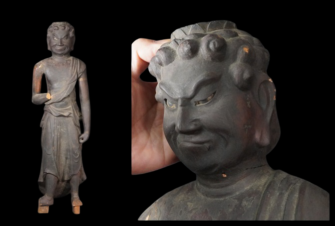 Edo-Period Wooden Fudo Myoo (Gyokugan / Glass Eyes) — Standing Esoteric Guardian Deity Sculpture