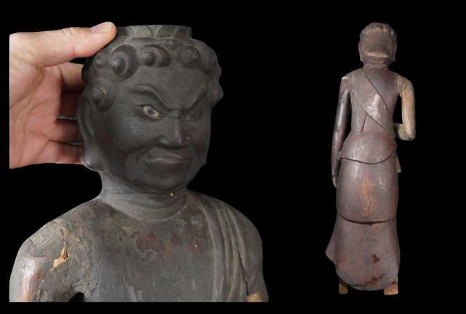 Edo-Period Wooden Fudo Myoo (Gyokugan / Glass Eyes) — Standing Esoteric Guardian Deity Sculpture