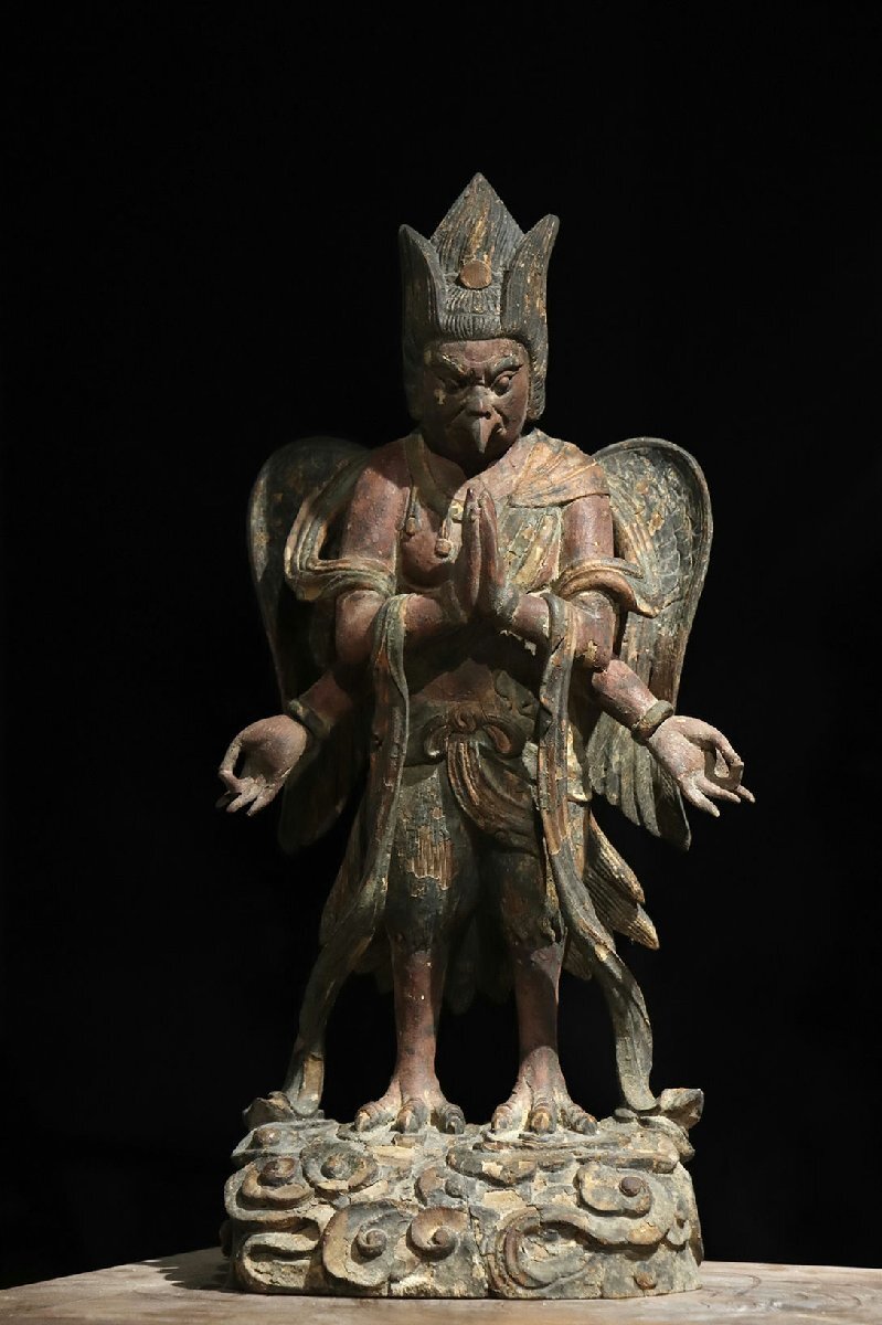 Edo-Period Wooden Japanese Buddhist Karura (Garuda) — Winged Guardian Deity Sculpture