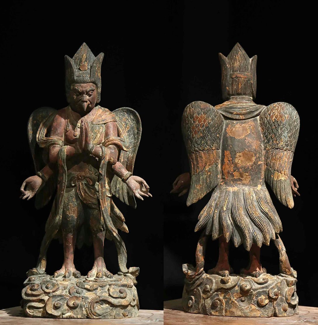 Edo-Period Wooden Japanese Buddhist Karura (Garuda) — Winged Guardian Deity Sculpture