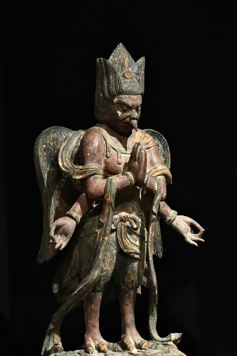 Edo-Period Wooden Japanese Buddhist Karura (Garuda) — Winged Guardian Deity Sculpture