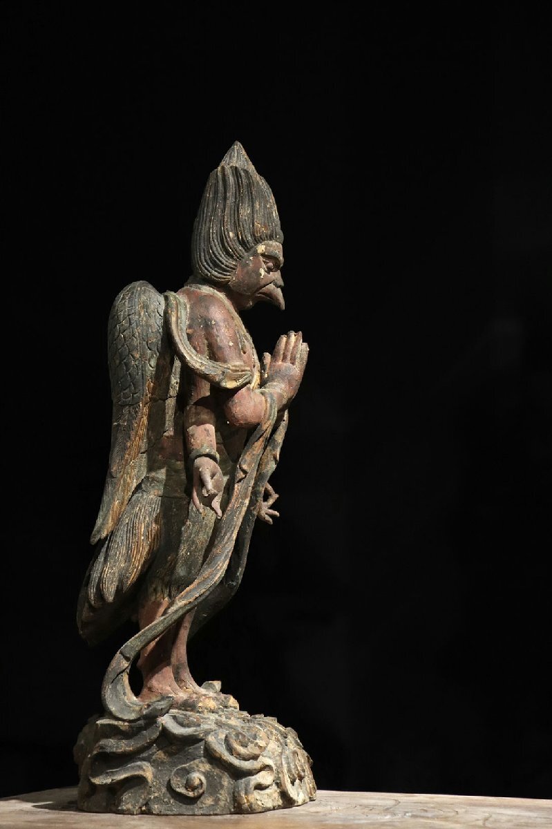 Edo-Period Wooden Japanese Buddhist Karura (Garuda) — Winged Guardian Deity Sculpture