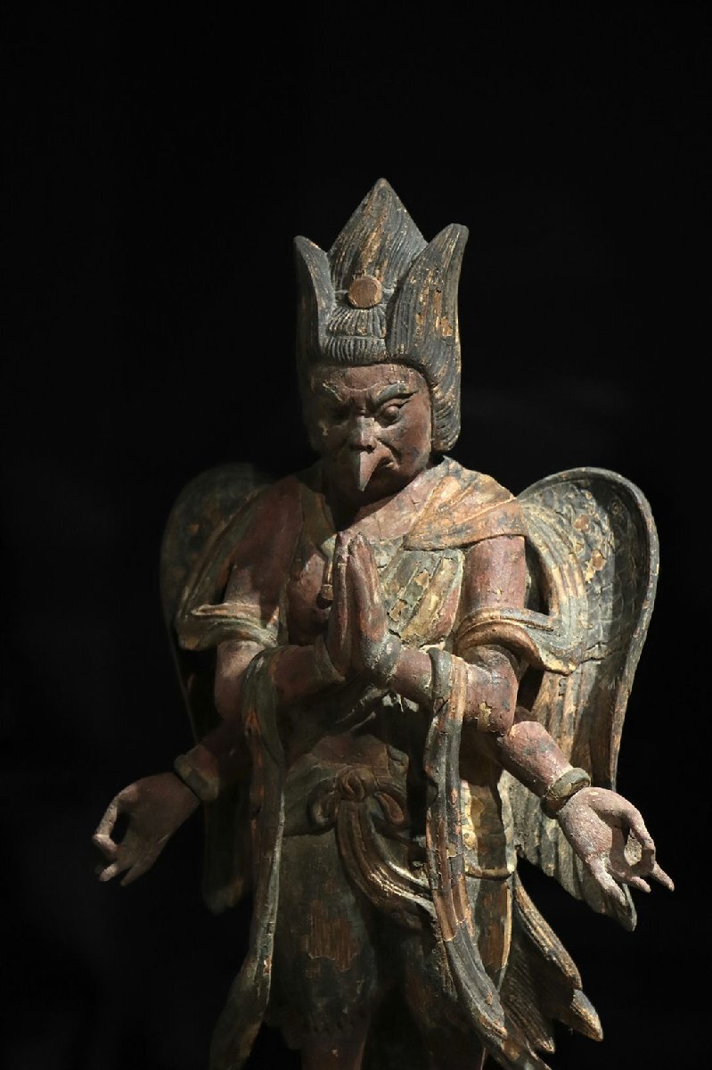 Edo-Period Wooden Japanese Buddhist Karura (Garuda) — Winged Guardian Deity Sculpture