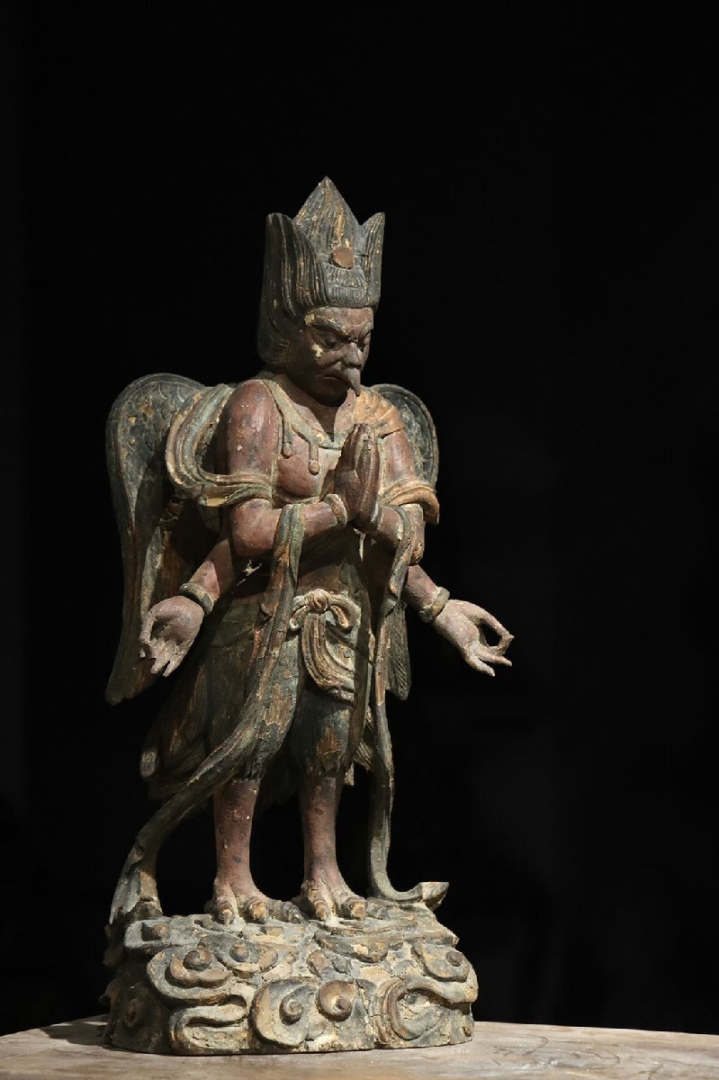Edo-Period Wooden Japanese Buddhist Karura (Garuda) — Winged Guardian Deity Sculpture