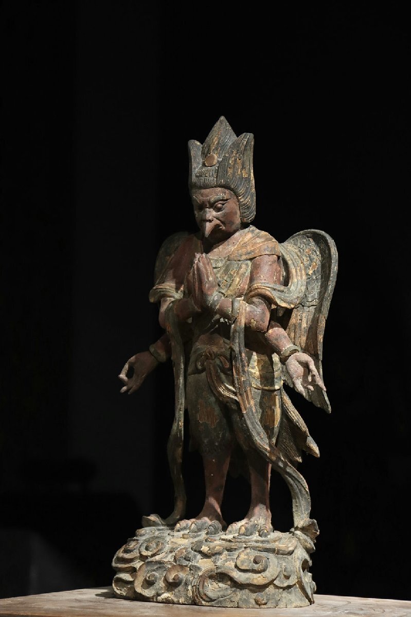 Edo-Period Wooden Japanese Buddhist Karura (Garuda) — Winged Guardian Deity Sculpture
