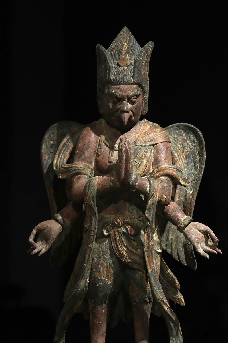 Edo-Period Wooden Japanese Buddhist Karura (Garuda) — Winged Guardian Deity Sculpture