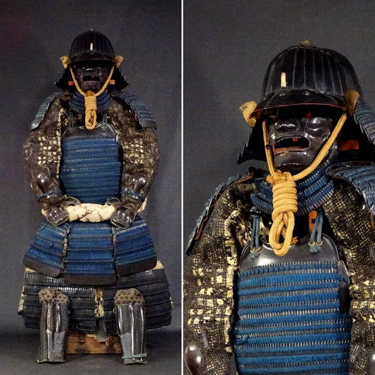 Edo-Period Yoroi Armor & Samurai Armor Gusoku — Hoshi Kabuto (32-Plate Claim), Black Lacquer Iron, Indigo Odoshi Do, Menpo-Complete Display Ensemble
