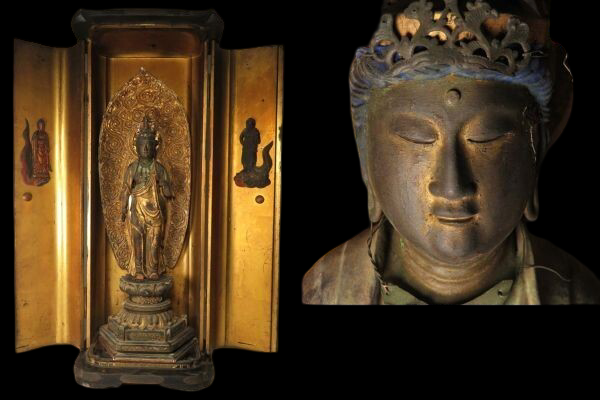Edo-Period Zushi Amida Nyorai — Large Gilt Wooden Standing Buddha with Shrine Cabinet (81.5 cm)