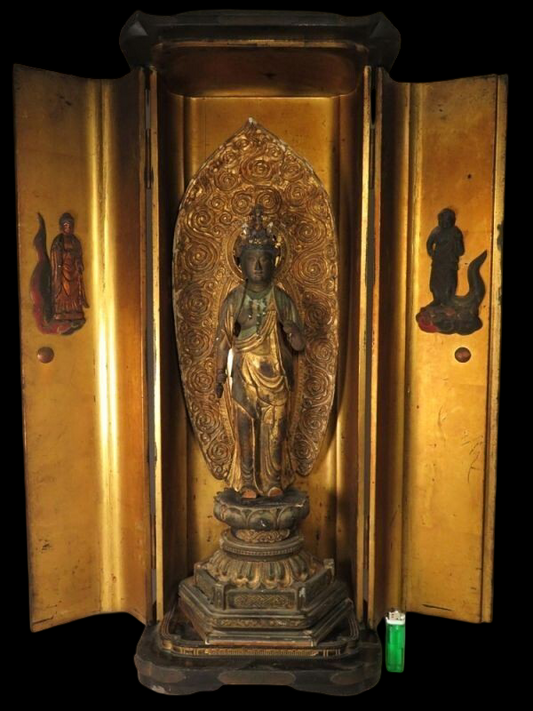 Edo-Period Zushi Amida Nyorai — Large Gilt Wooden Standing Buddha with Shrine Cabinet (81.5 cm)