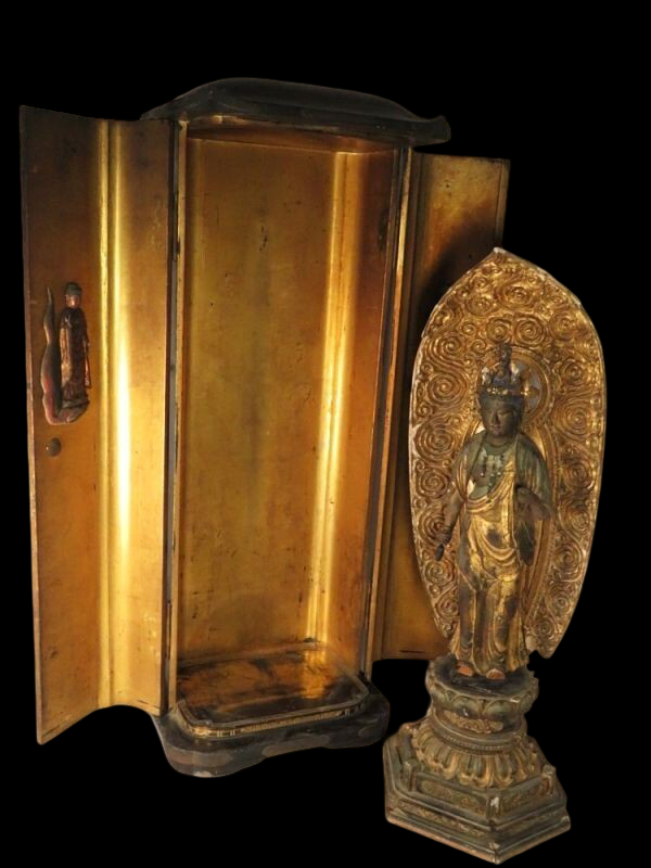 Edo-Period Zushi Amida Nyorai — Large Gilt Wooden Standing Buddha with Shrine Cabinet (81.5 cm)