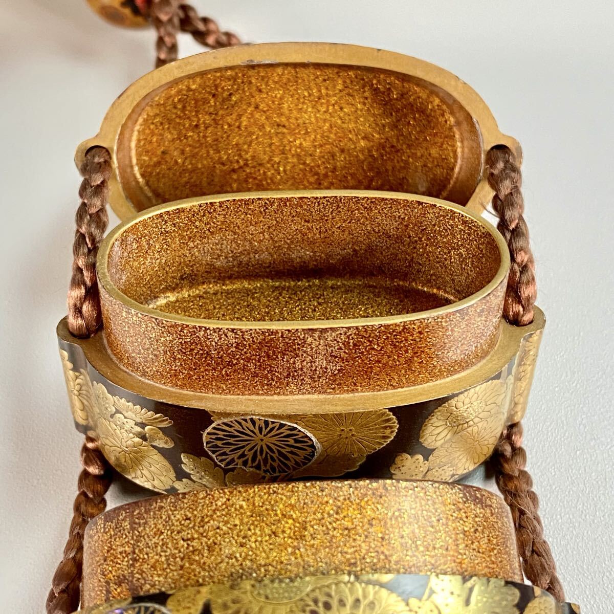 Edo Period Chrysanthemum Gold Maki-e Inro with Netsuke | Japanese Lacquer Art