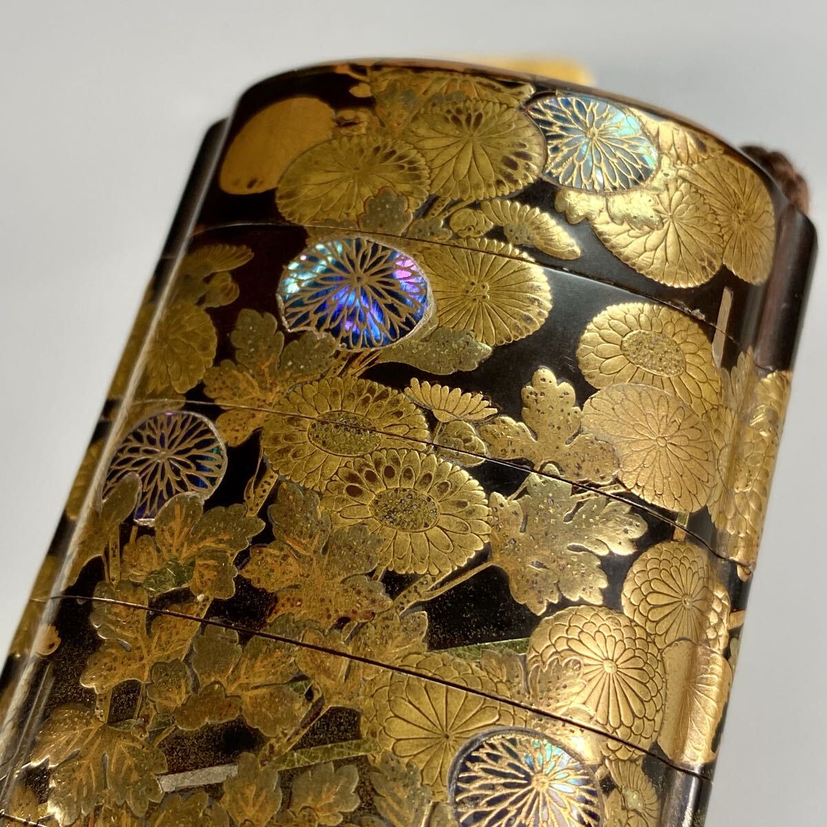 Edo Period Chrysanthemum Gold Maki-e Inro with Netsuke | Japanese Lacquer Art