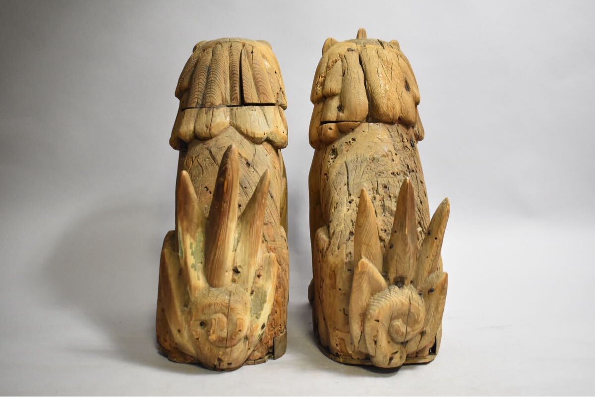 Edo Period Antique Japanese Wooden Komainu Shishi Guardian Lion Dog Pair Polychrome Shrine Sculpture