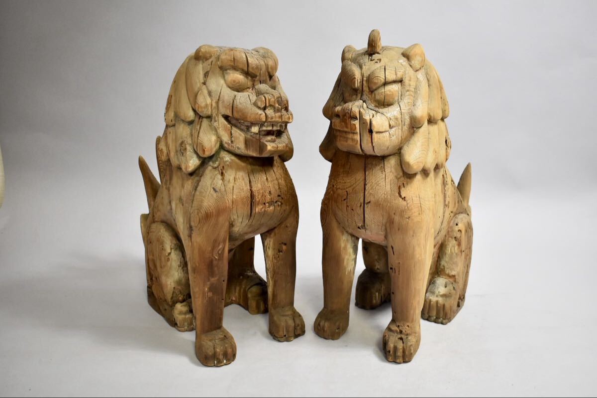 Edo Period Antique Japanese Wooden Komainu Shishi Guardian Lion Dog Pair Polychrome Shrine Sculpture