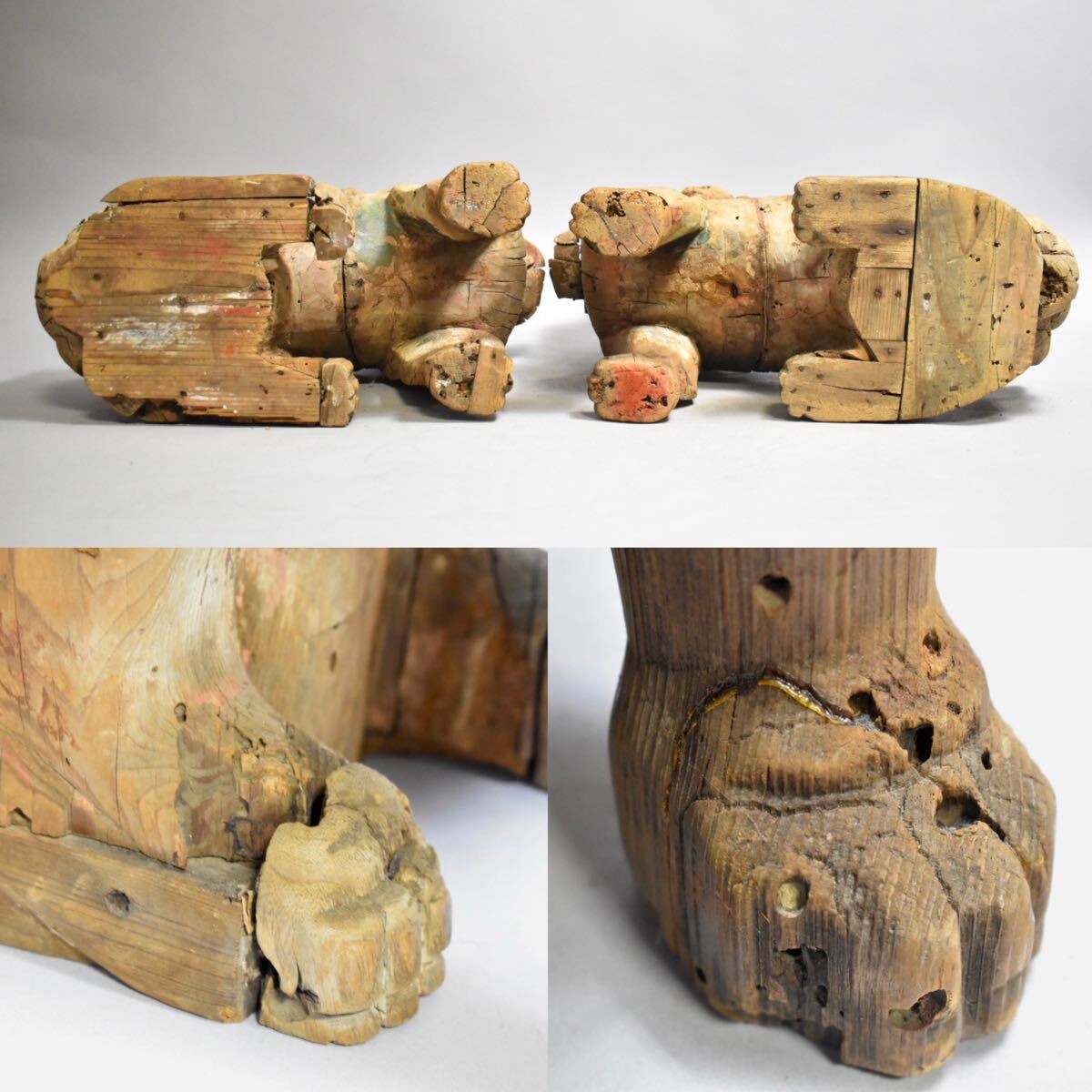 Edo Period Antique Japanese Wooden Komainu Shishi Guardian Lion Dog Pair Polychrome Shrine Sculpture