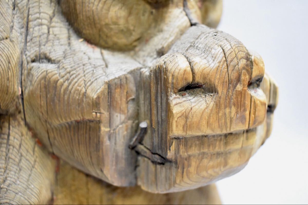 Edo Period Antique Japanese Wooden Komainu Shishi Guardian Lion Dog Pair Polychrome Shrine Sculpture